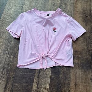 H&M Light Pink Knot Front Crop Top with Rose Embroidery